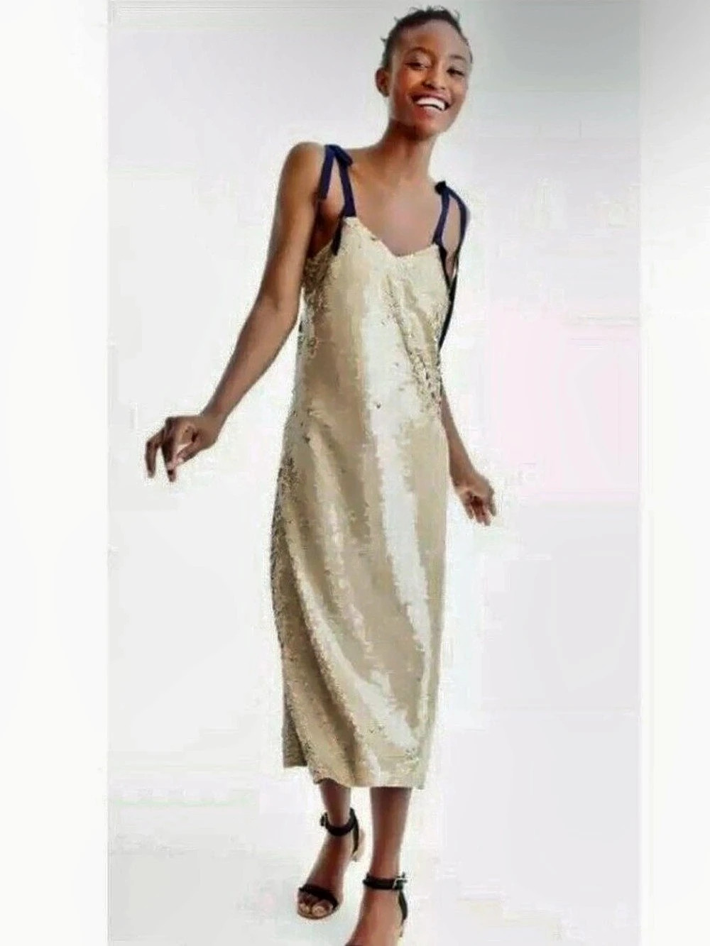 NWT j. crew collection Tie-Strap sequin Embellished Midi Dress Cream & Gray Size